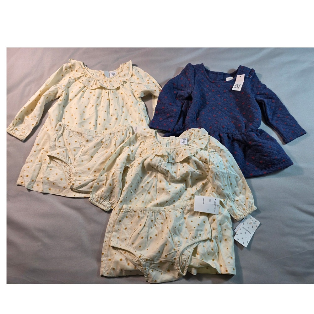 Nordstrom Baby Gap Dress 2pc Set 12-18M Blue Cream Heart Star Print Lot of 3